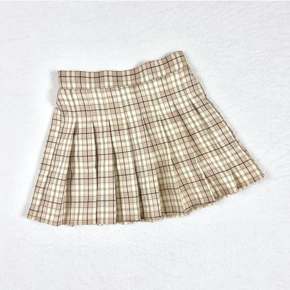 O.Vianca Beige Pleated Plaid Skirt Elastic Waist Preppy Old Money Academia Sz S